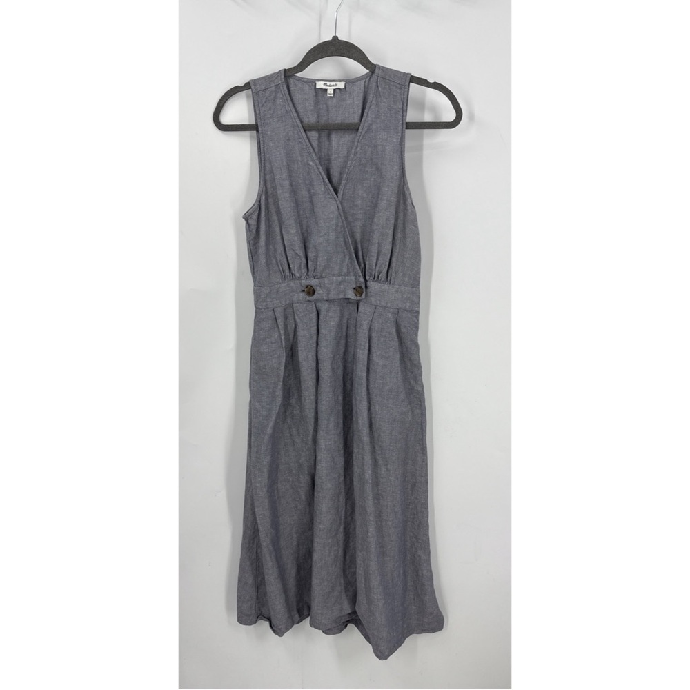 Madewell linen blend Heather Gray Button-Waist Wrap Midi length V-neck Dress 4